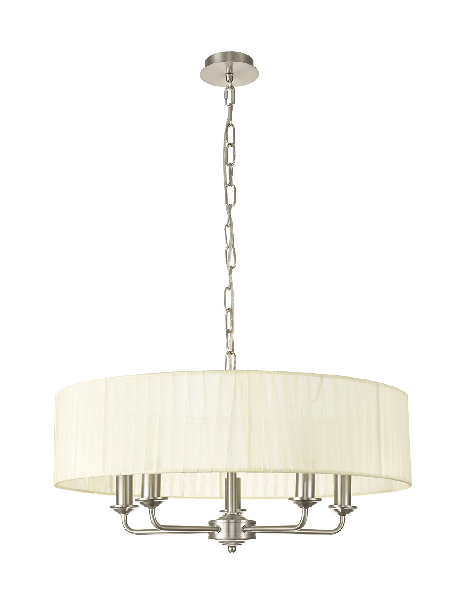 Banyan 5 Light Multi Arm Pendant With 60cm x 15cm Organza Shade Satin Nickel/Cream DK0874  Deco Banyan SN CR